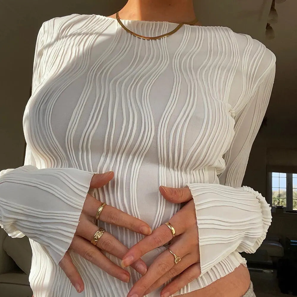 Trendy Bodycon Blouse Lightweight Women Blouse Long Sleeve Simple Ruched Women Short Blouse Stretchy Retro Streetwear