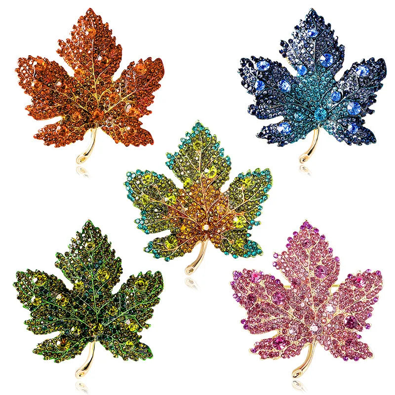Vintage Large Rhinestone Red Maple Leaf Brooches For Women Men Suit Elegant Crystal Plant Leaves Brooch Pin Luxury Jewelry Gifts