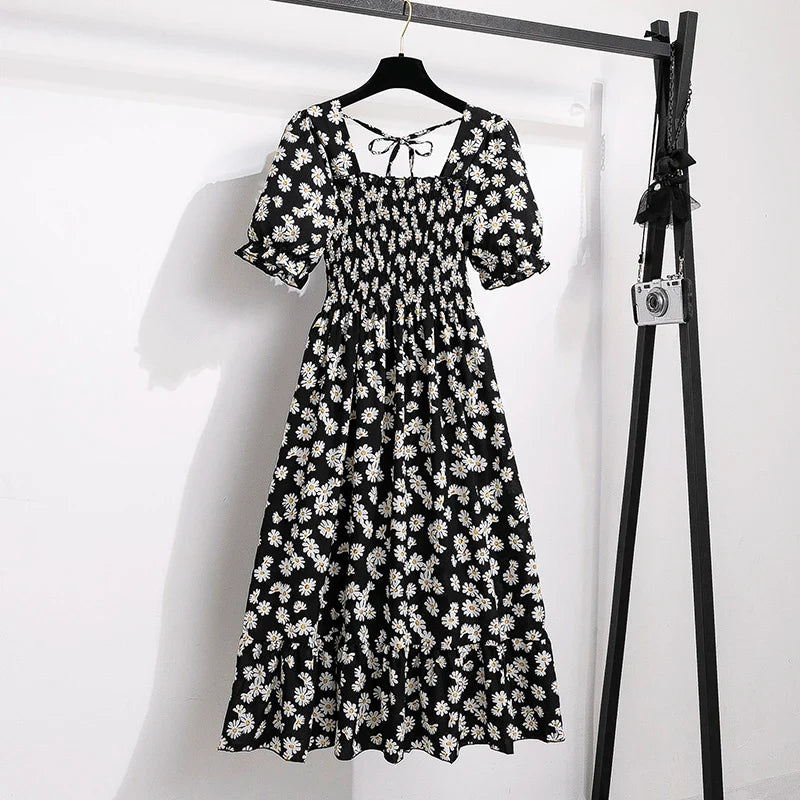 Chiffon Dresses Fashion Female Elastic Waist Short Sleeve Pleated Casual Dress Women A-line Dresses-Dollar Bargains Online Shopping Australia