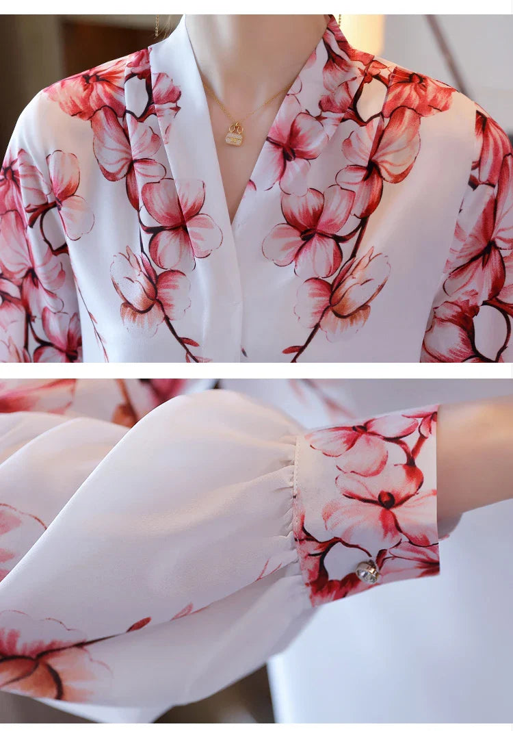Blouses White Blouse Long Sleeve Blouse Women V-Neck Print Chiffon Shirt Women Tops-Dollar Bargains Online Shopping Australia