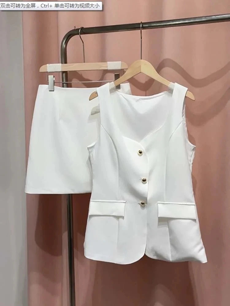 Elegant Top Skirts Set Women White Single Breasted Square Collar Sleeveless Vest Suit Mini Skirt Sets