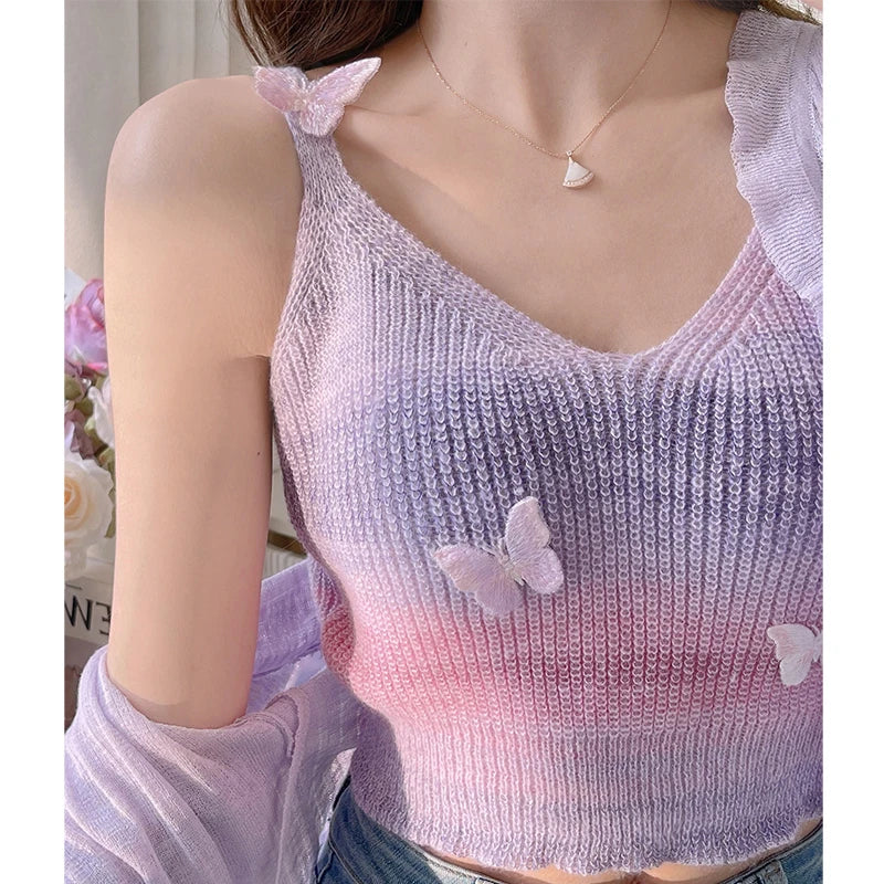 Colored Stripes Butterfly Knitted Tank Top Women V Neck Sleeveless Slim Camisole