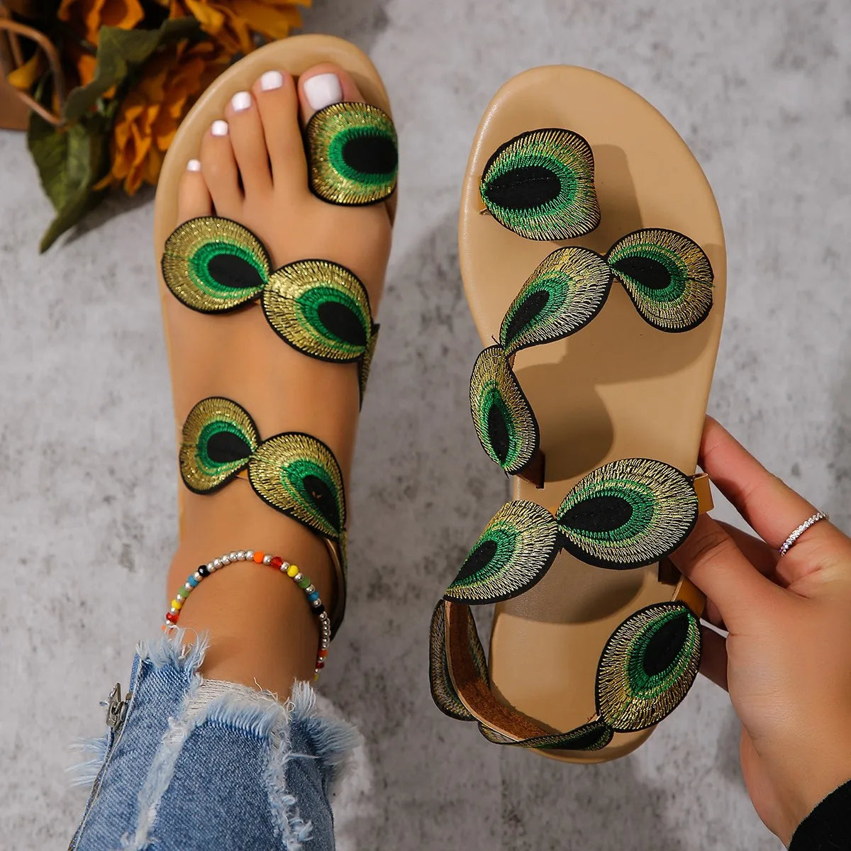 Embroidered Faux Flower Fashion Sandals Flat Plus Outdoor Beach Shoes Travel
