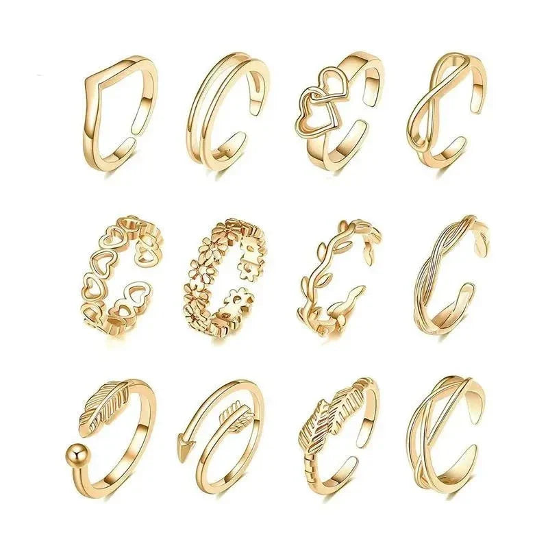 12pcs Adjustable Toe Rings For Women Girls Simple Beach Open Toe Set Cute Heart Feather Summer Toe Foot Jewelry-Dollar Bargains Online Shopping Australia