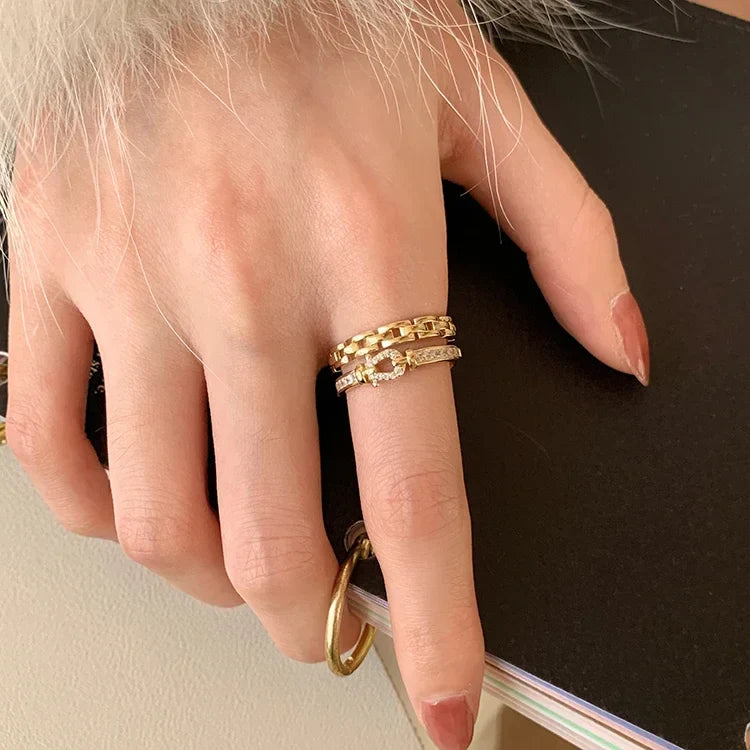 14K gold plated 2023 Korean new fashion jewelry double-layer zircon cross ring elegant women's opening daily work accessories-Dollar Bargains Online Shopping Australia