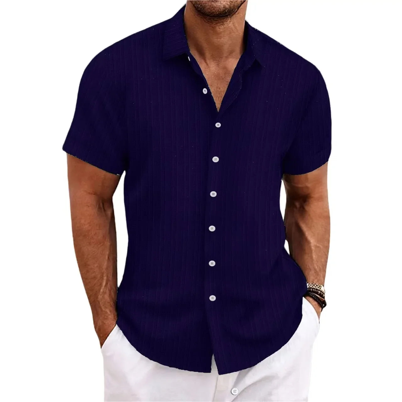 men's striped jacquard casual fashion comfortable loose short sleeve Hawaiian shirt-Dollar Bargains Online Shopping Australia