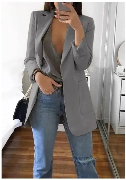 Plus Size Blazer Women Clothing Casual Cardigan Autumn Winter Overcoat Solid Large Topcoat Lapel Jacket Grace Fashion Outer Wear