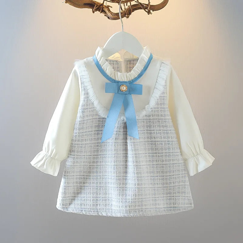 Girl Dresses Korean Fashion Cute Bow Mesh Plaid Long Sleeve Princess Kids Dress Baby Clothes Outfit-Dollar Bargains Online Shopping Australia