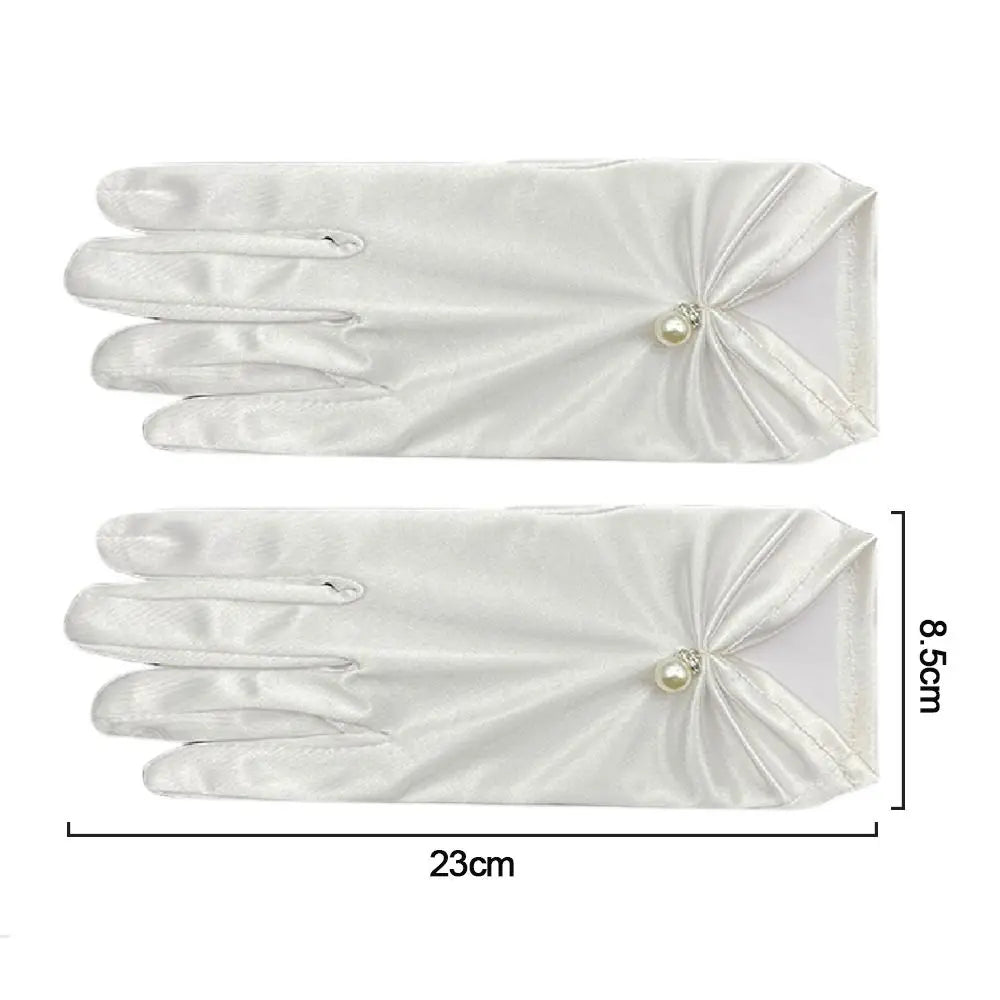 Women Wrist Length Gloves Sexy Elegant Pearl Bowknot Short Satin Stretch Gloves for Ladies Girls Hand Gloves Sunscreen