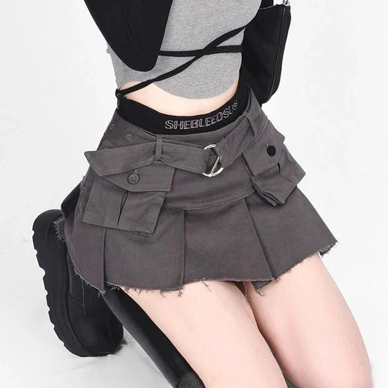 Y2K Denim Cargo Skirts Tassel Women Streetwear Patchwork Pleated Mini Skirt Harajuku High Waist Multi Pocket Jeans A Line Skirts-Dollar Bargains Online Shopping Australia