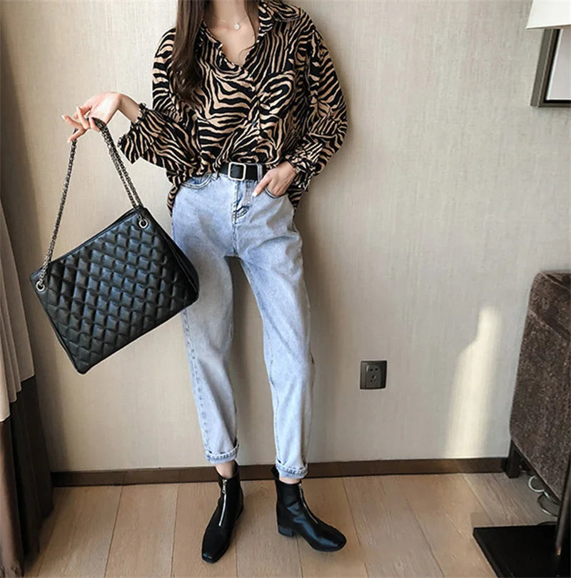 Vintage Womens Oversize Shirt Long Sleeve Loose Zebra Print Blouses Casual Streetwear Tops