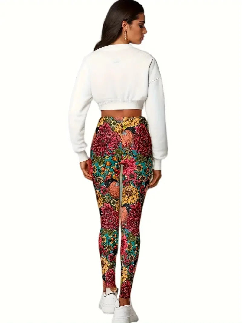 Flower and bird print Rest tight stretch elastic waist comfortable slim fit work daily travel Wearing women's leggings-Dollar Bargains Online Shopping Australia