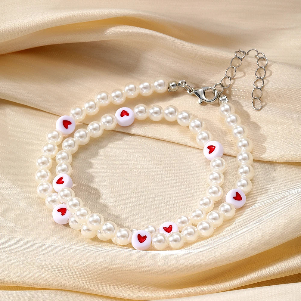 Y2K Artificial Pearls Beads Necklace for Women Girls Red Heart Pendant Cute Love Vintage Choker Necklaces Fashion Jewelry