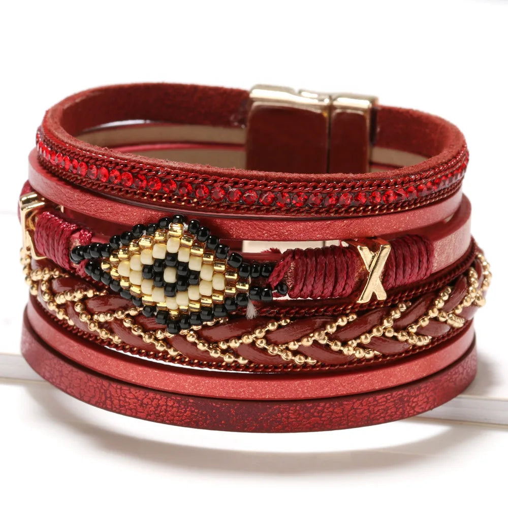 Multilayer Handwoven Leather Bracelet for Women Magnet Buckle Wide Bracelet Rice Bead Woven Devil's Eye Leather Bracelet-Dollar Bargains Online Shopping Australia