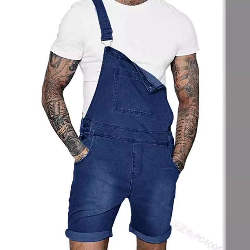Men Jeans Rompers Overalls Wide Leg Pants Washing Spliced One Piece Pockets Summer Jumpsuits Knee Length Casual Distressed