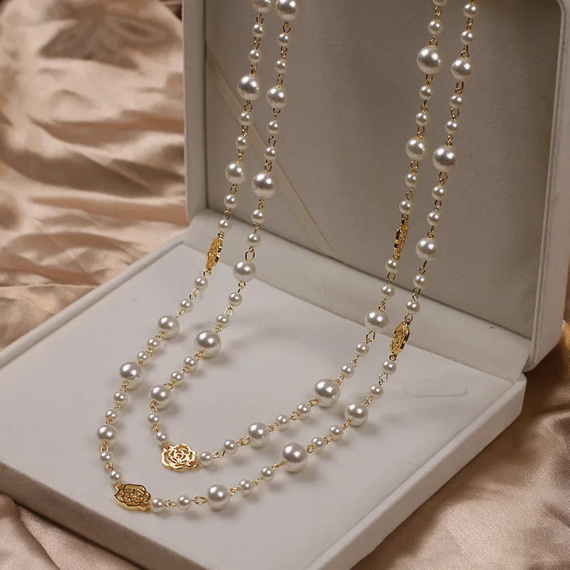 Vintage Lady Camellia Pearls Flower Long Necklace Chain Elegant Double Layers Fashion Women Party