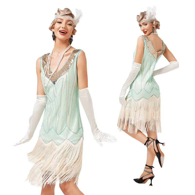 Great Gatsby Cosplay Costume 1920s Flapper  Vintage V-neck Double Tassel Dress Cocktail Party Wedding Sequin Stud Dress