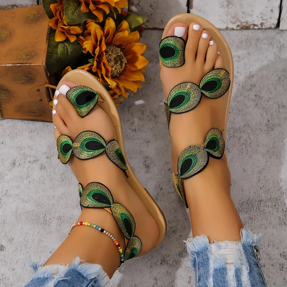 Embroidered Faux Flower Fashion Sandals Flat Plus Outdoor Beach Shoes Travel