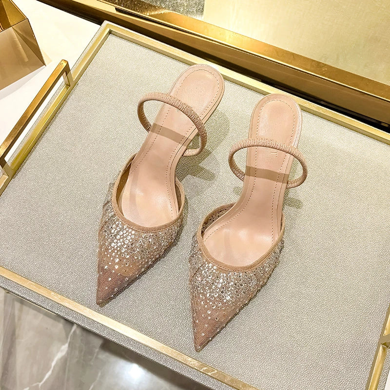 Glitter Rhinestone Pointed Slippers Women High Heel Summer Flip Flops Female Designer Sandals Breathable Mesh Mule Pumps Women-Dollar Bargains Online Shopping Australia