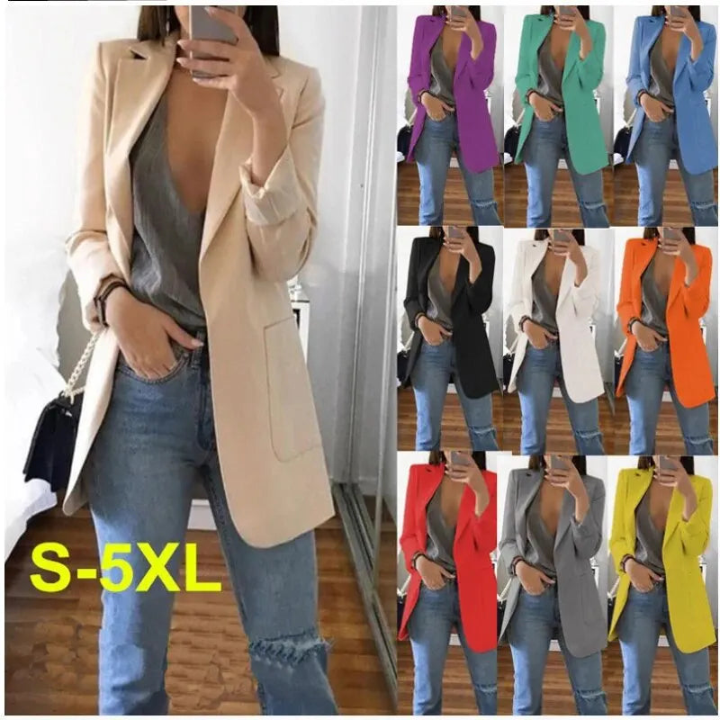 Plus Size Blazer Women Clothing Casual Cardigan Autumn Winter Overcoat Solid Large Topcoat Lapel Jacket Grace Fashion Outer Wear