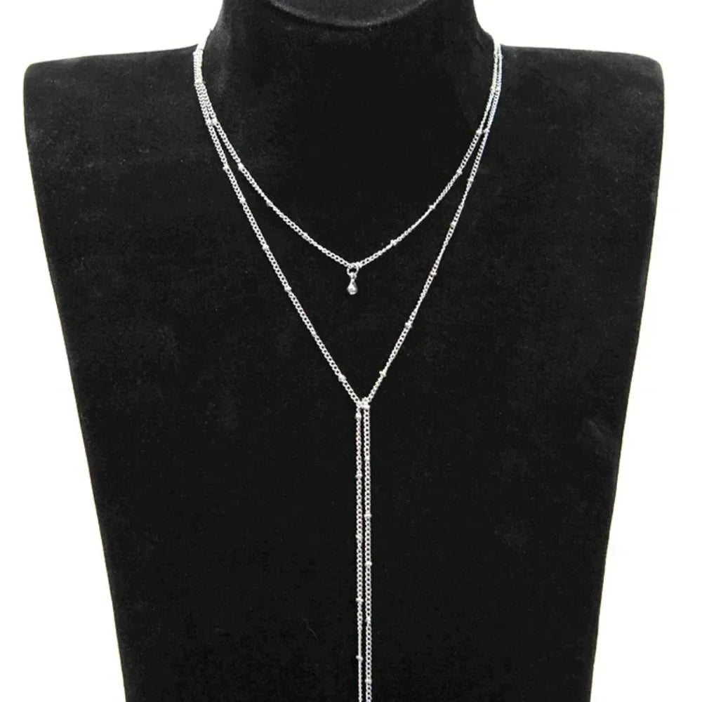 Simple Gold Silver Color Chain Choker Necklace Long Beads Tassel Chocker Necklaces For Women Collar-Dollar Bargains Online Shopping Australia