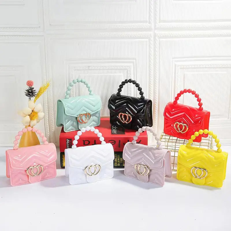 Kids Mini Candy Color Pearl Chain Handle Messenger Bag Women PU Leather Elegant Love Heart Small Shoulder Crossbody Handbag Gift