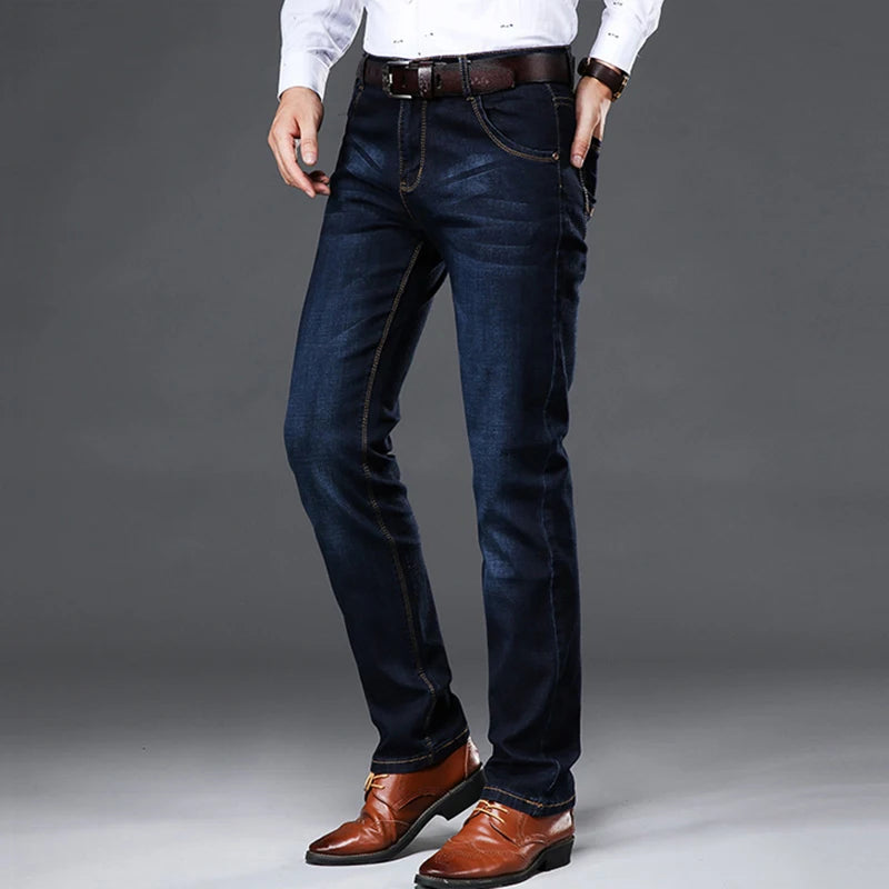 Classic Men's Large Size Jeans Fashion Business Casual Stretch Slim Black Blue Men's Brand Pants