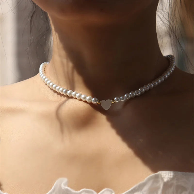 Shell Heart Imitation Pearls Necklace Women Handmade 6mm Stone Beaded Necklace For Women Jewelry Gift