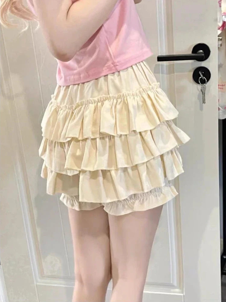 Kawaii Lolita Skirt Women Ruffle Layered High Waist Cutecore Mini Skirt Shorts Harajuku Japanese Style Soft Girl