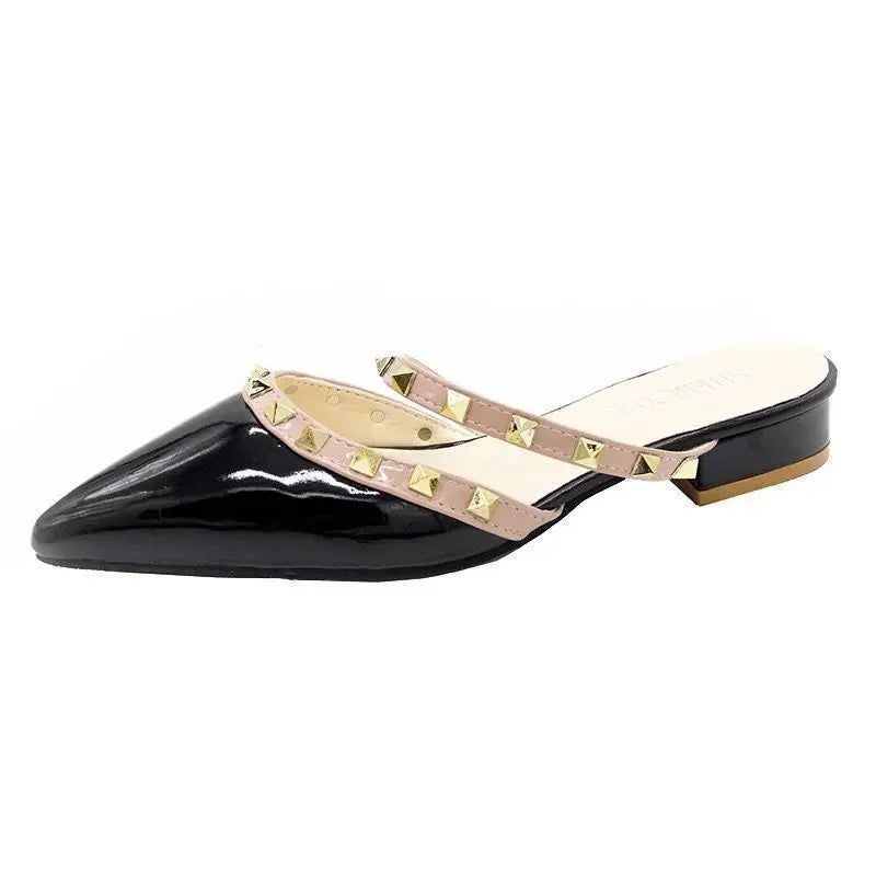 Women High Heels Slides  Sandals Rivets Fashion Pointed Thick Heel Toe Slides