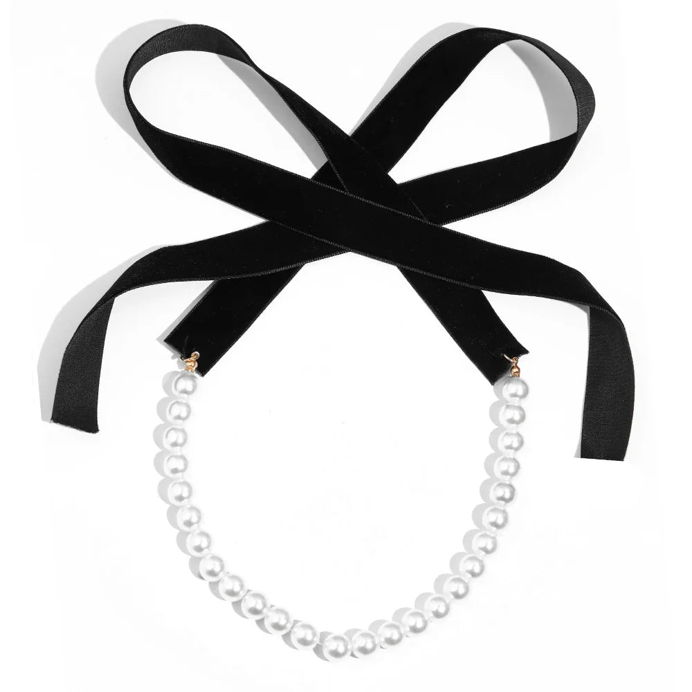 Punk Long Wide Black Velvet Ribbon Choker Bow Tie Simulated Pearl Beads Charm Collar Necklace Gothic Jewelry New Year Gifts-Dollar Bargains Online Shopping Australia