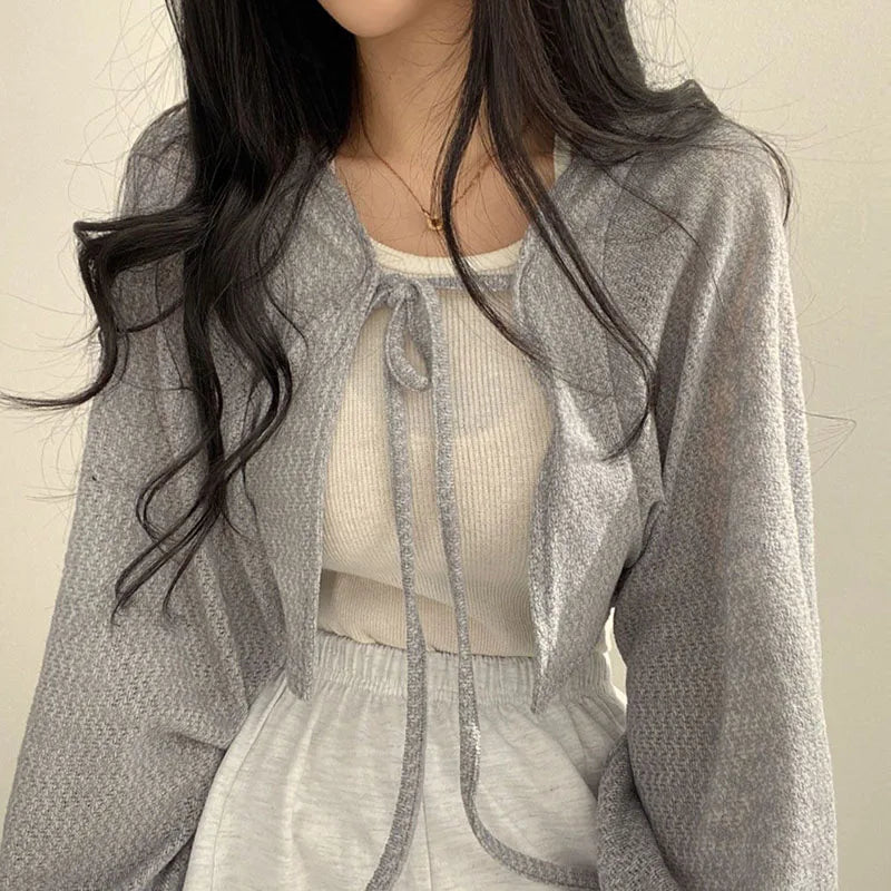 White Knitted Cardigan Women Summer Thin Sunscreen Lace-Up Knitwear Tops Female Lantern Sleeve Short Coat-Dollar Bargains Online Shopping Australia