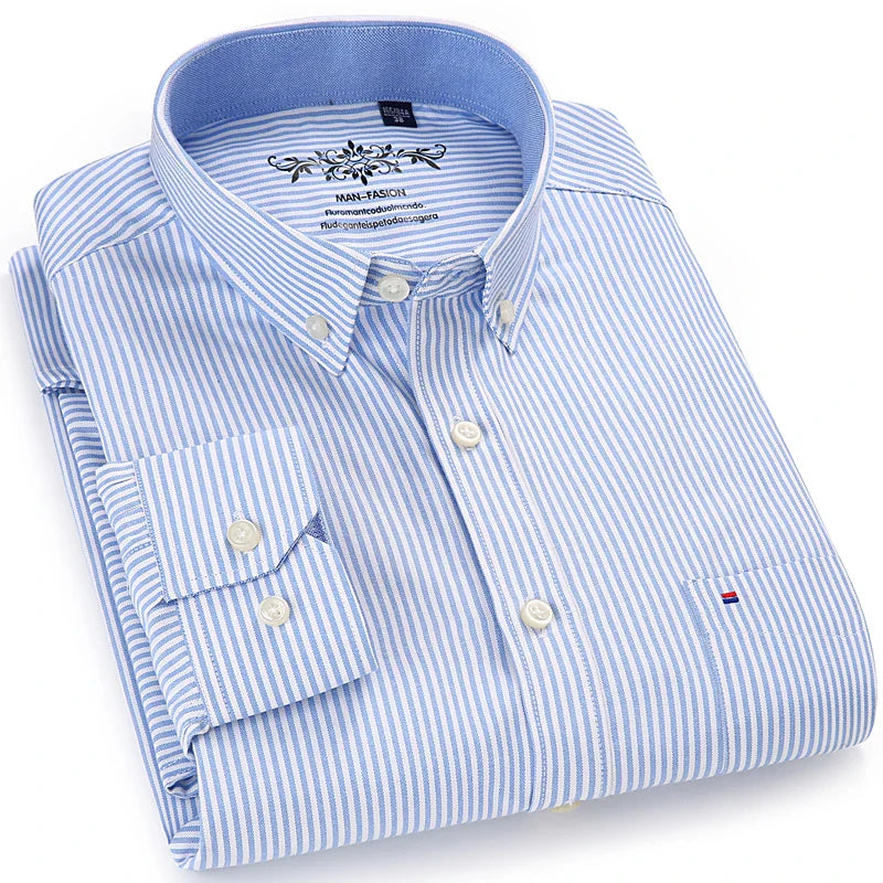 Men's Long Sleeve Oxford Plaid Striped Casual Shirt Front Patch Chest Pocket Regular-fit Button-down Collar Thick Work Shirts-Dollar Bargains Online Shopping Australia