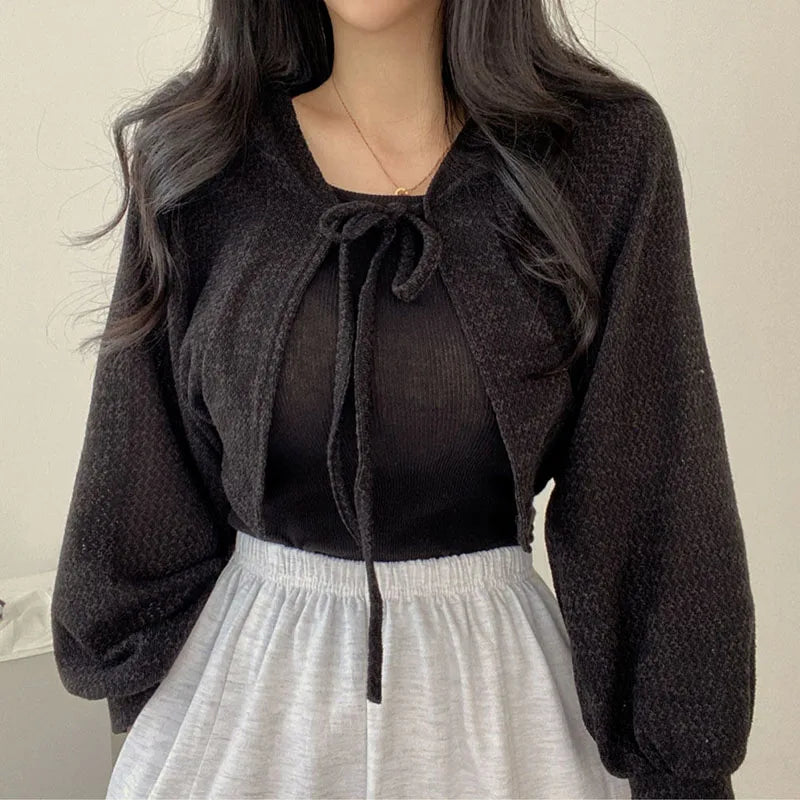 White Knitted Cardigan Women Summer Thin Sunscreen Lace-Up Knitwear Tops Female Lantern Sleeve Short Coat-Dollar Bargains Online Shopping Australia