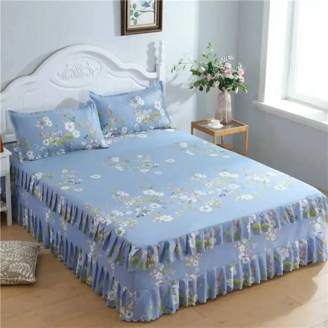 3PCS/Set Bed Sheet Set Flower Bedspread Non-Slip Bed Dress Sheet for King/Queen