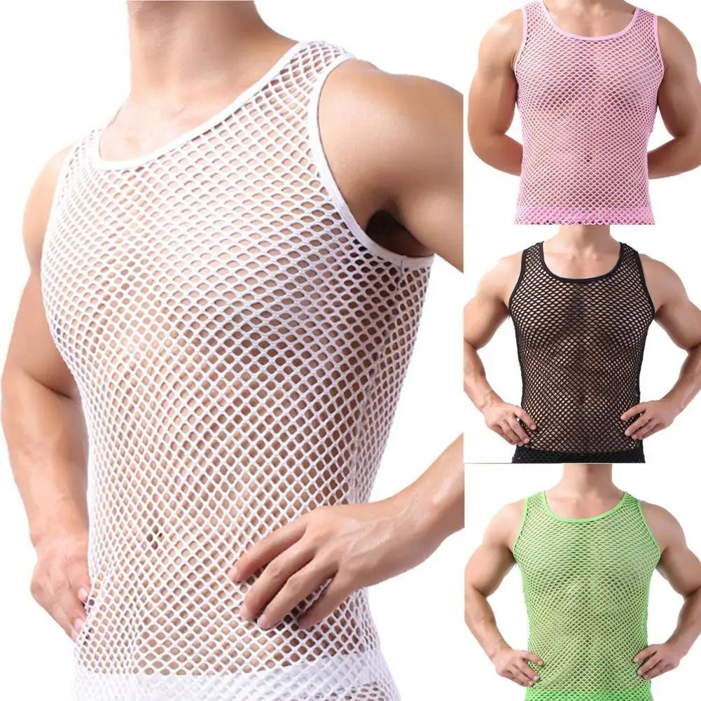 Fishnet Men Sexy Mesh Tank Tops Transparent Sleep Tops Male Underwear Pure Color Vest Sleeveless Tops Underwear Male Undershirt