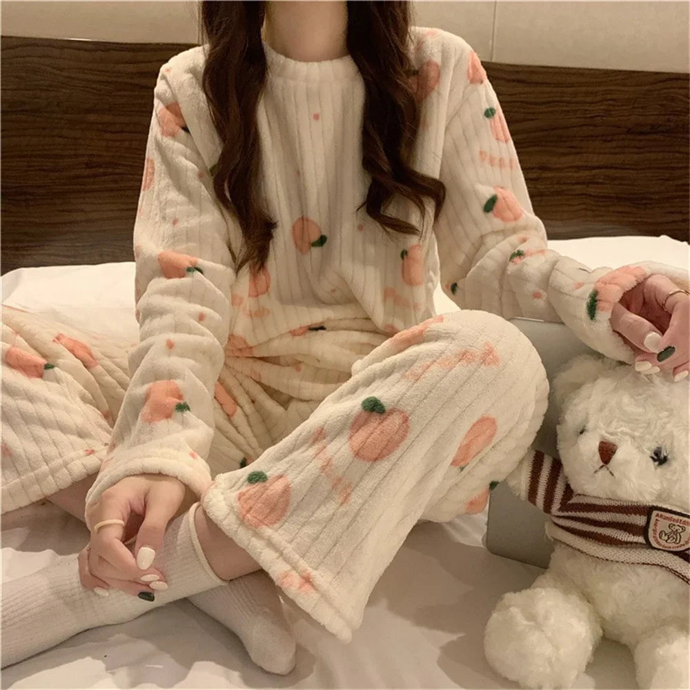 Winter Warm Flannel Fleecing Women Pyjamas Sets Thick Coral Velvet Long Sleeve Cartoon Sleepwear 2pcs Flannel Pajamas Set-Dollar Bargains Online Shopping Australia