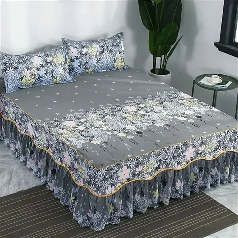 3PCS/Set Bed Sheet Set Flower Bedspread Non-Slip Bed Dress Sheet for King/Queen