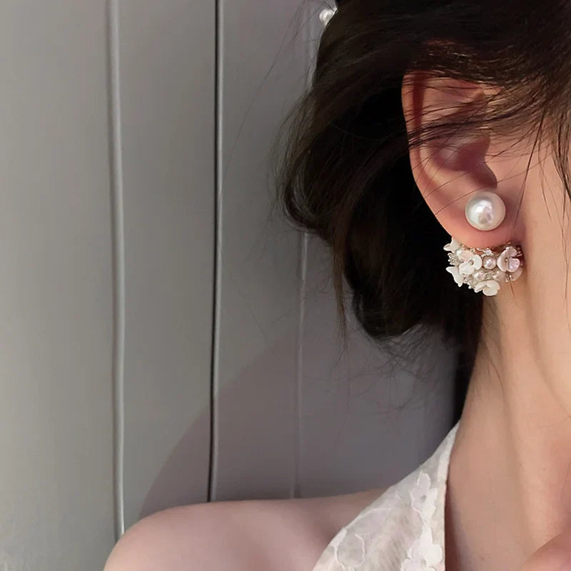 White Shell Flower Pearl Stud Earrings For Women Ball Double Side Elegant Earrings set Exquisite Vintage Fashion Jewelry-Dollar Bargains Online Shopping Australia