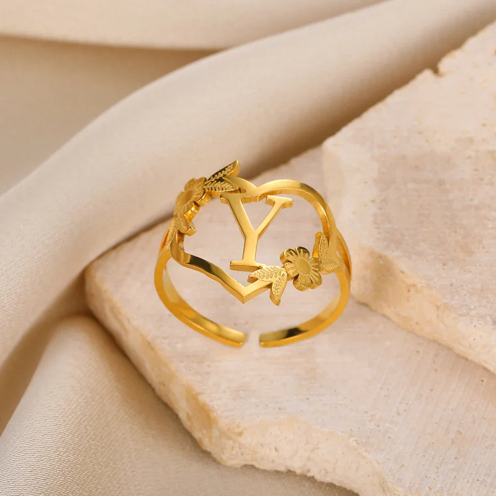 Stainless Steel Initials Flower Heart Rings Gold Color Adjustable Delicate Letter Leaf Rings For Women Girl Alphabet Jewelry-Dollar Bargains Online Shopping Australia