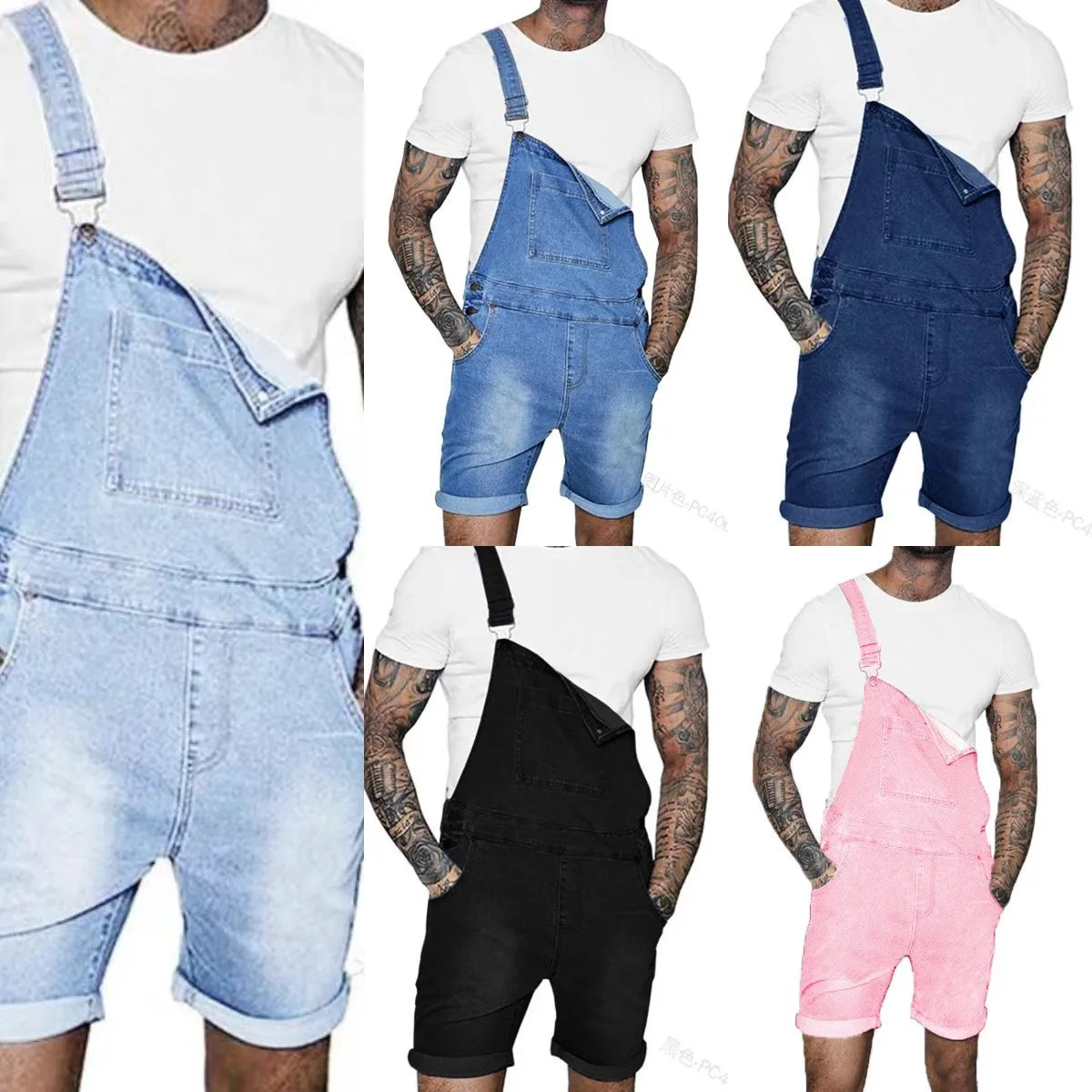 Men Jeans Rompers Overalls Wide Leg Pants Washing Spliced One Piece Pockets Summer Jumpsuits Knee Length Casual Distressed