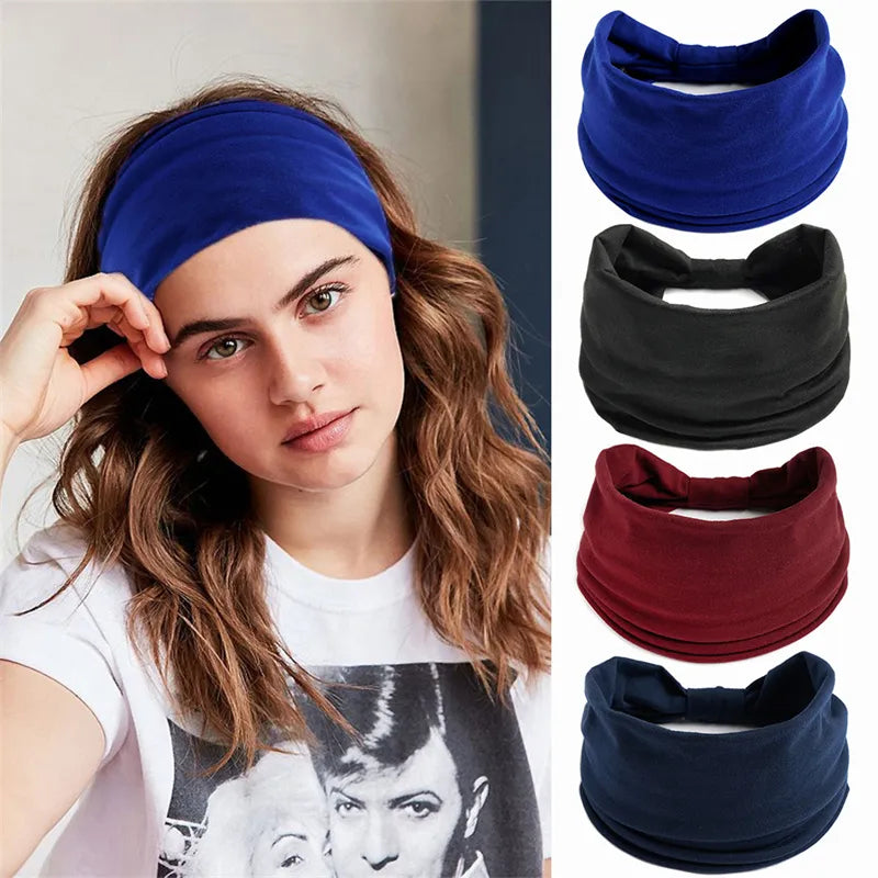 New Boho Solid Color Wide Headbands Vintage Knot Elastic Turban Headwrap for Women Girls Cotton Soft Bandana Hair Accessories