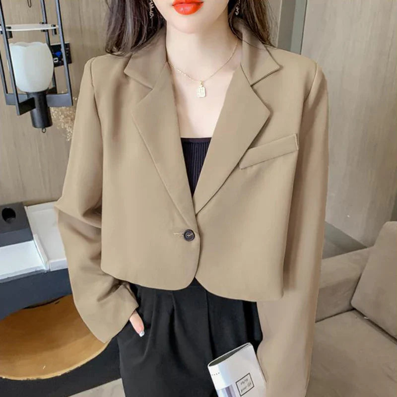 Cropped Blazers Women Solid Color Simple Single-button Outwear Teens All-match Long Sleeve Office Suit Jacket-Dollar Bargains Online Shopping Australia