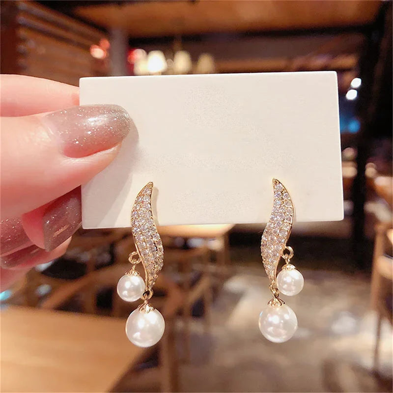 Double Pearl Dangle Earrings For Women Crystal Long Tassel Drop Earring Wedding Jewelry