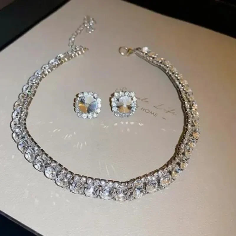 FYUAN Luxury Crystal Necklace Earrings Set Pink ABcolourful Necklace for Women Weddings Party Jewelry Sets Accessories-Dollar Bargains Online Shopping Australia