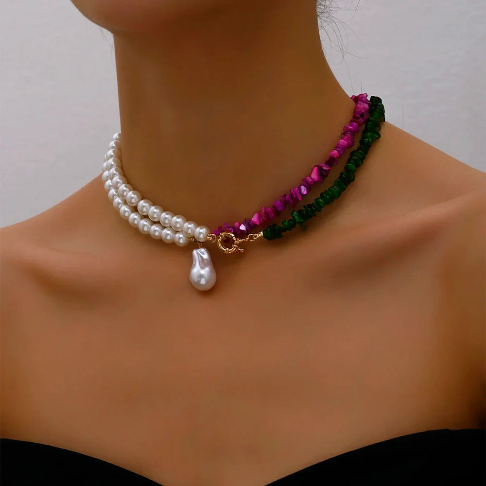 Elegant Jewelry Wedding Big Pearl Necklace For Women Fashion Imitation Pearl Green Rose Color Stone Choker Necklace-Dollar Bargains Online Shopping Australia