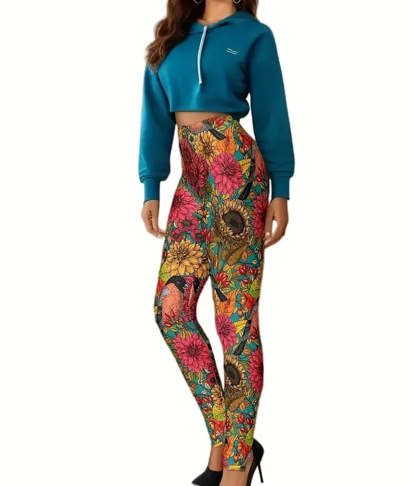 Flower and bird print Rest tight stretch elastic waist comfortable slim fit work daily travel Wearing women's leggings-Dollar Bargains Online Shopping Australia