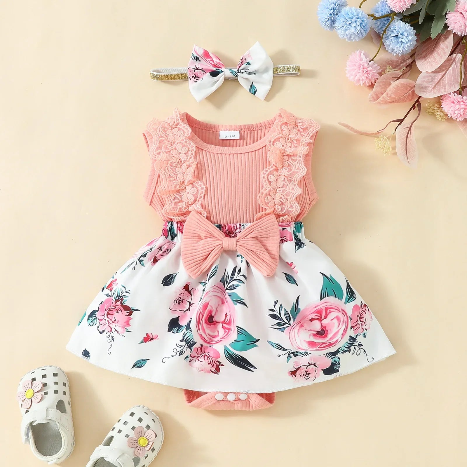 2024 Newborn Baby Girl Dress Sleeveless Lace Triangle Sweetheart 0-1 Year Old Baby Flower Bow Dress Headband-Dollar Bargains Online Shopping Australia