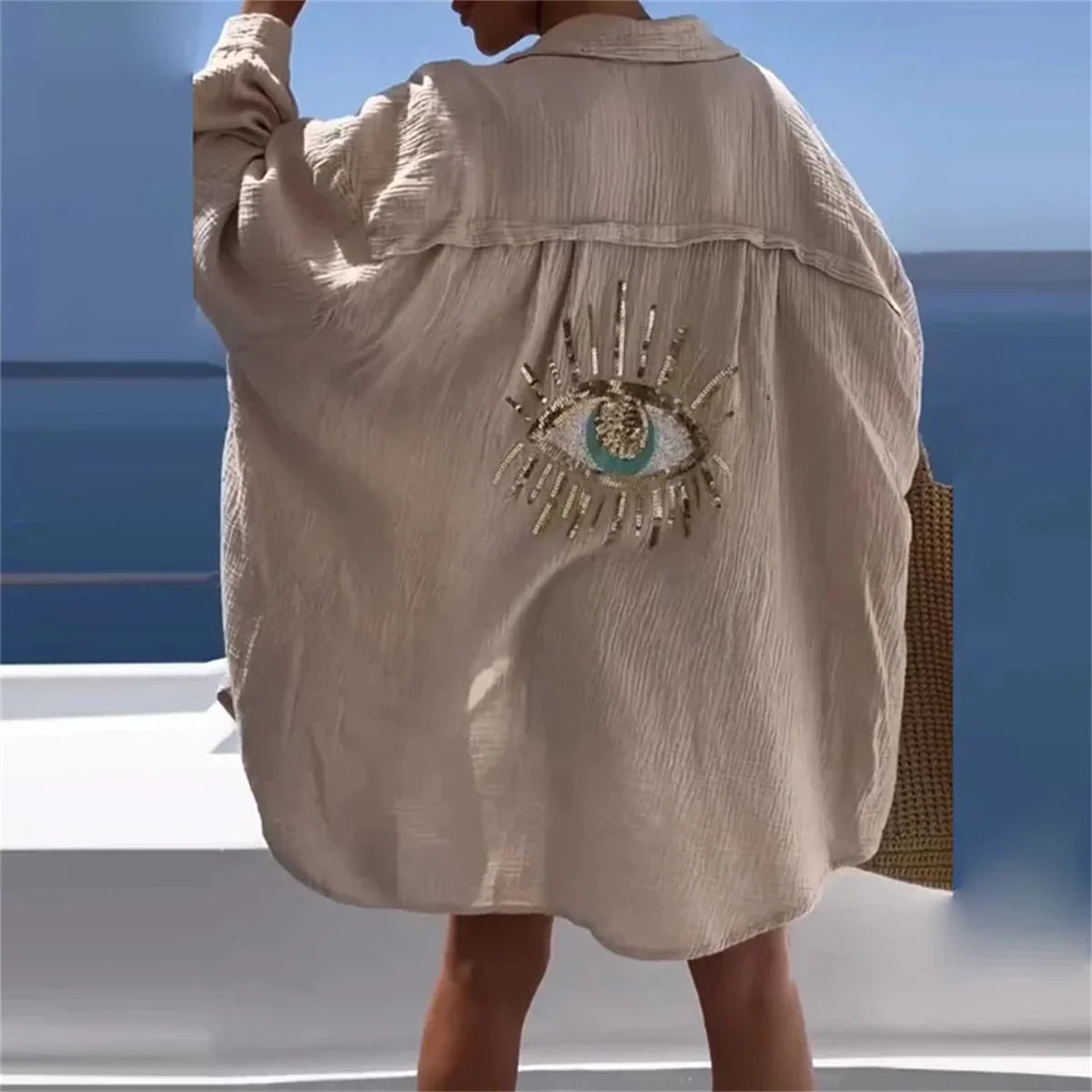 Women Casual Sequin Eye Shirt Dress Summer Fashion Beach Style Loose Button Sun Protection Cotton Linen Shirt Geometric Eye Tops-Dollar Bargains Online Shopping Australia