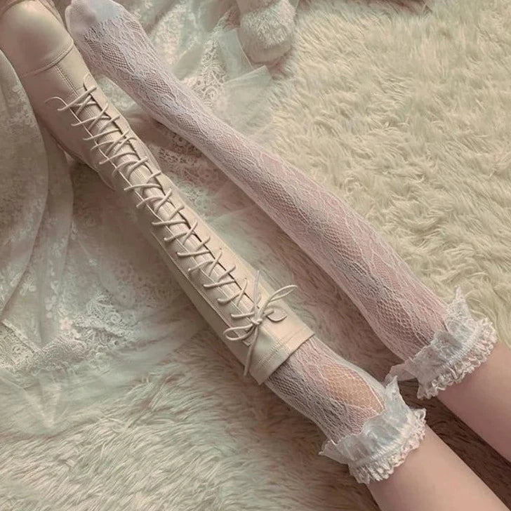 Japanese Style Stockings Lolita Bowknot Fishnet Knee Socks Anti-Snagging Women Hollow Lace Stocking Fish Net Pantyhose